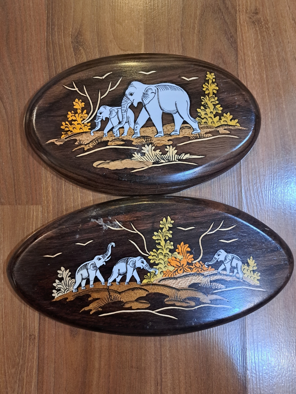 Hand-Painted African Elephant Wood Wall Plaque Pair